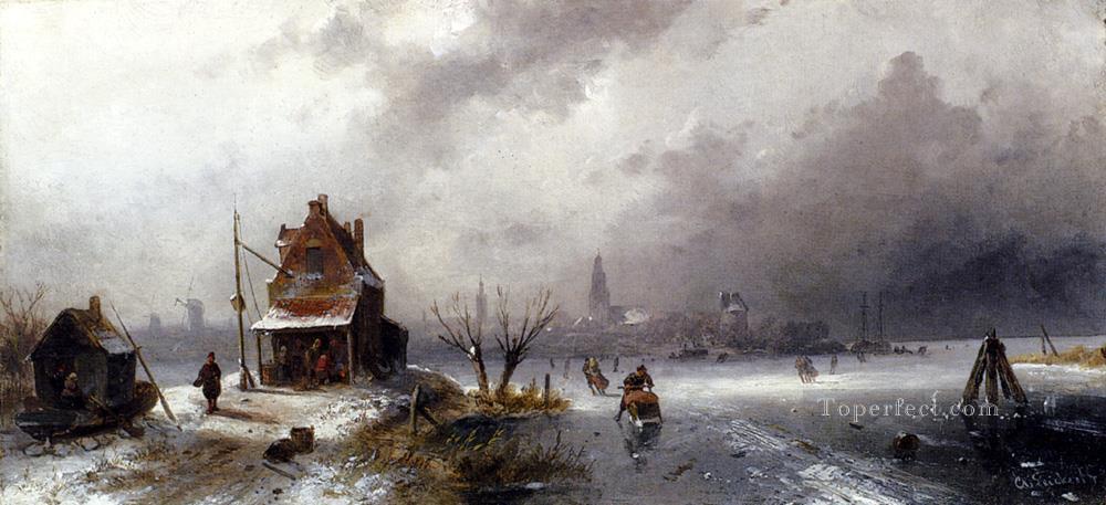 凍った湖の風景上の人物たち チャールズ・ライカート油絵
